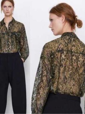 Zara Green and Black Sheer Lace Button-Down Shirt
